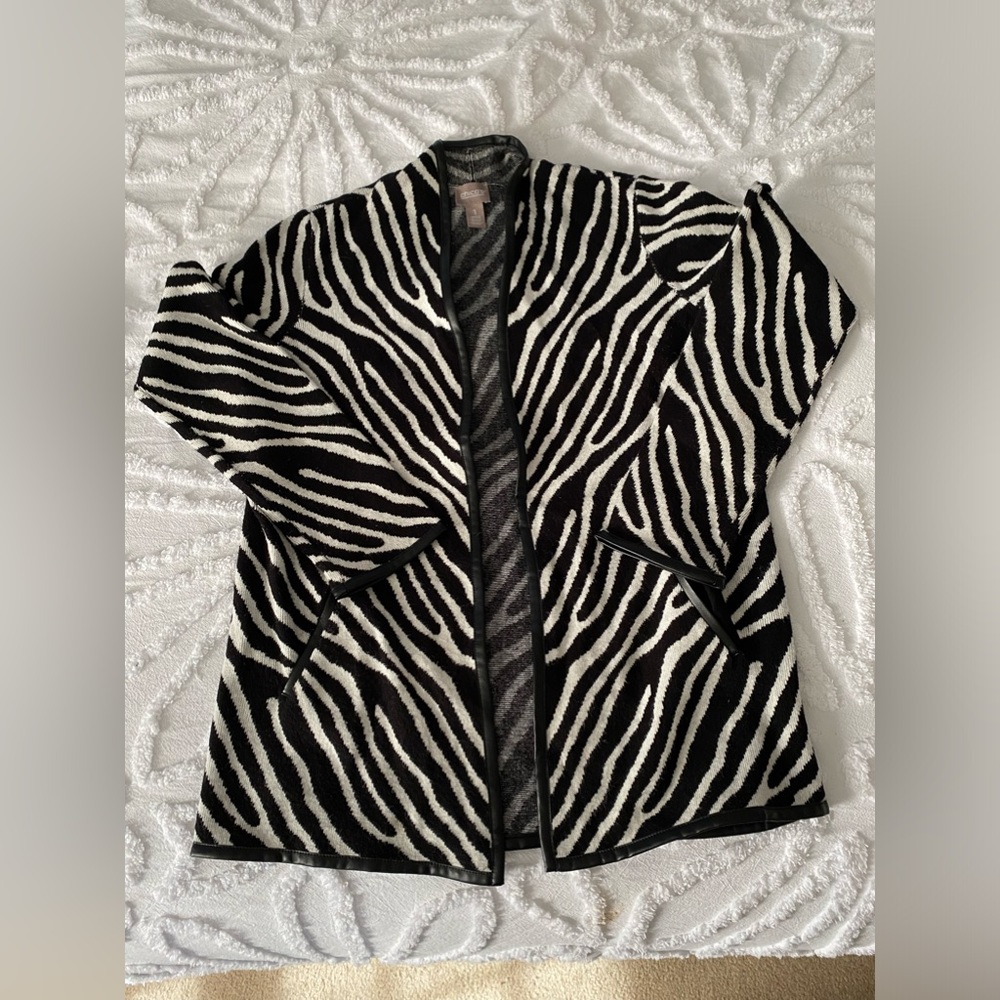 Chicos size 1 zebra print cardigan sweater with leather like edging